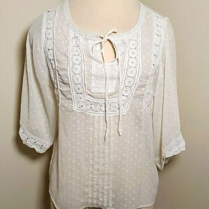 Adiva white blouse, small. Made in USA. Lace with tie.